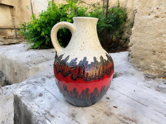 Image 1 of Vintage Bay Fat Lava jug, West Germany ceramic in beige with black-red-black design, 60s/70s, model number 71-25