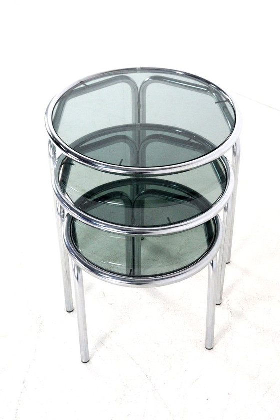 Image 1 of Italian round chrome nesting tables smoked glass vintage