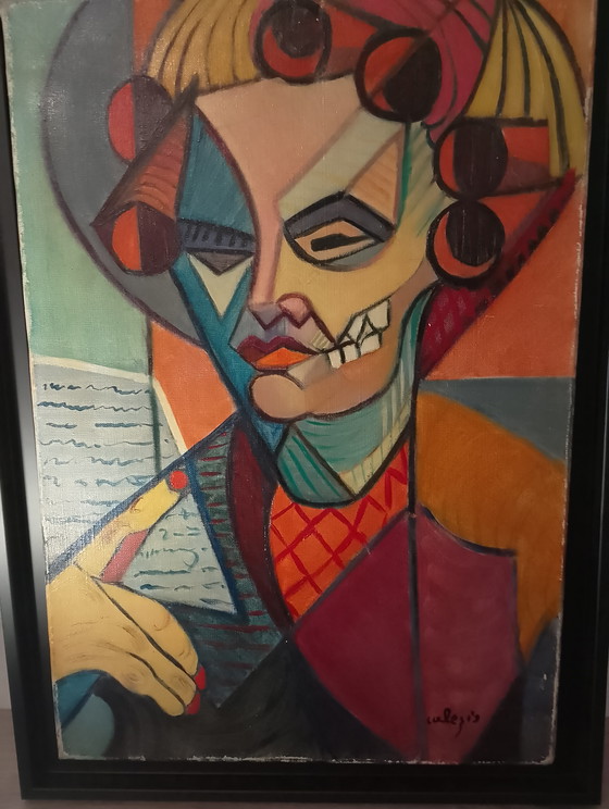 Image 1 of Oil on canvas, Cubism, American box frame, The Woman with Curlers Undressed, signed Calezis