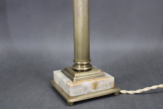 Image 1 of 1940s Restored Brass Table Lamp with Marble Base and Glass Shade