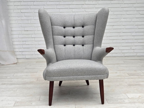 Image 1 of 1960er Jahre, dänischer „Teddy-Stuhl“ mit Hocker, neu gepolstert, Wolle, Teakholz.