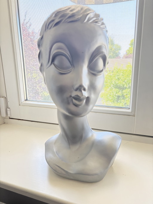 Vintage Twiggy mannequin head XL – 40 cm – silver-colored