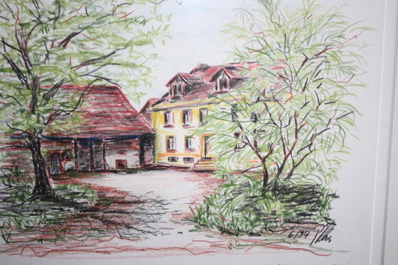 Image 1 of Pastel painting with house motif