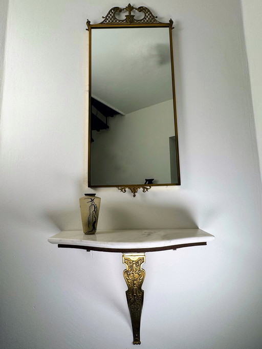 Chic Wall Console With Mirror - Marble & Brass Ornaments