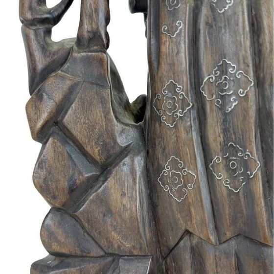 Estatua china antigua "Magu" con incrustaciones de plata - Madera dura - Siglo XIX (43 cm) – Esculturas (photo 14 of 15)