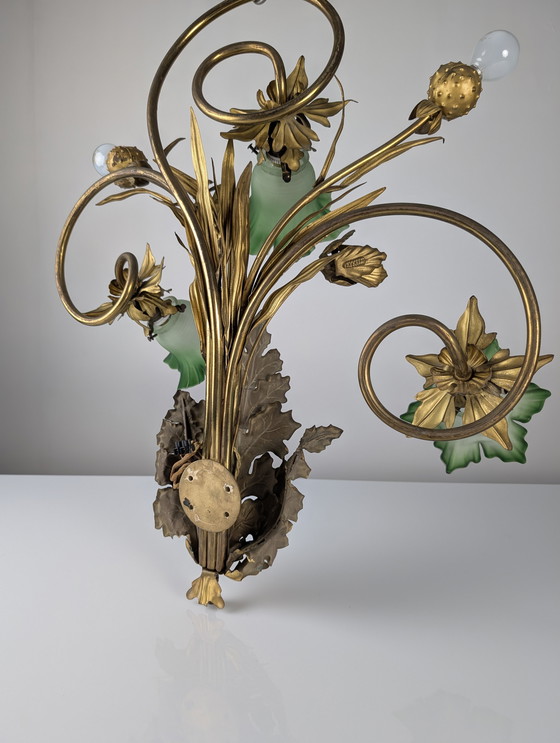 Image 1 of Jugendstil-Wandleuchter aus Kastanienblättern und grünem Glas, 1900er Jahre