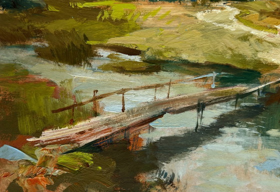 Image 1 of Original Oil Painting Summer Bridge Landscape The road to the village