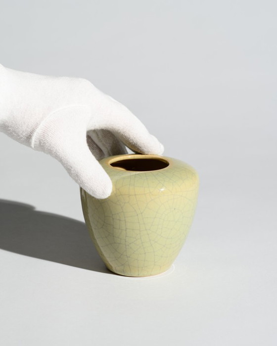 Image 1 of German Art Deco Crackle Glaze Ceramic Vase Duo Fürst Adolf Werkstätten Bückeburg