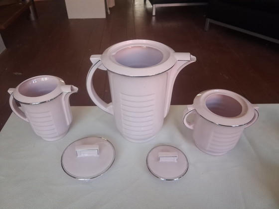 Image 1 of Servizio da caffè/tè Art Déco originale - Epiag, Cecoslovacchia (anni '20/'30) - Porcellana rosa con bordo argentato