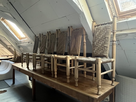 Image 1 of 6 Stühle aus Holz und Seil, die Adrien Audoux und Frida Minet zugeschrieben werden
