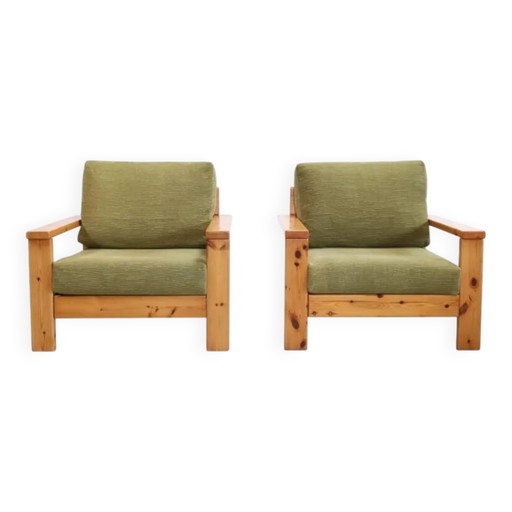 Conjunto de dos sillones de diseño italiano de pino de los años 70. – fauteuils, Wood, Cotton, Brutalist