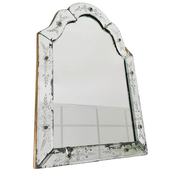 Image 1 of Espejo de mesa veneciano antiguo con vidrio grabado y flores, década de 1900