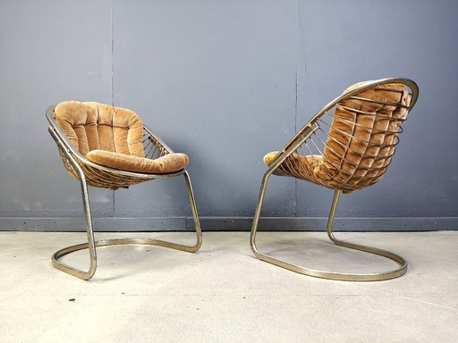 Fauteuils cantilever vintage en laiton de Gastone Rinaldi, ensemble de 2, années 1970