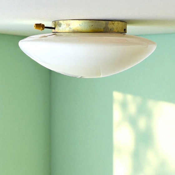 Image 1 of Pair of Art Deco style white opaline glass flush mount ceiling or wall lights 30 and 27cm