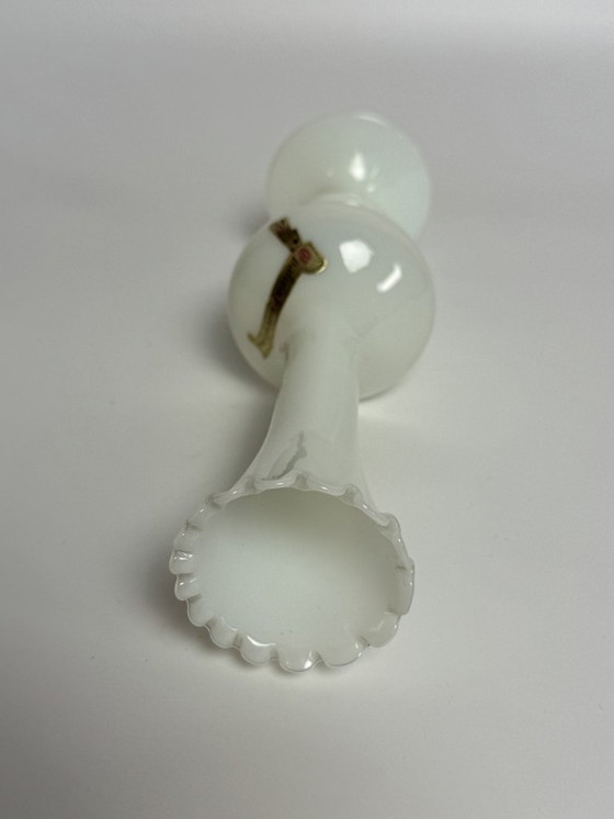 Image 1 of Elegant Italian Opaline Glass Rose Vase with Scalloped Rim, attributed to Stelvia. Italy, 1960s