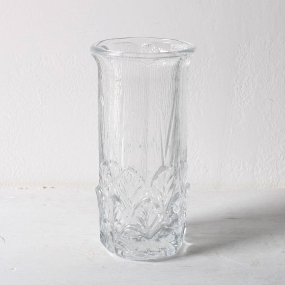 Image 1 of Vintage Clear Leaf Pattern Textured Glass Flower Vase / Fidenza / Italy / 1970s