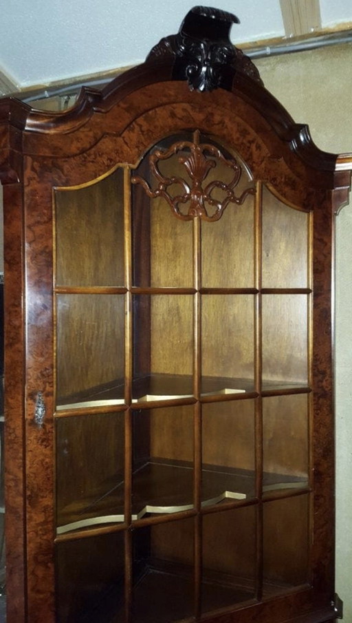 Burr walnut baroque corner display cabinet