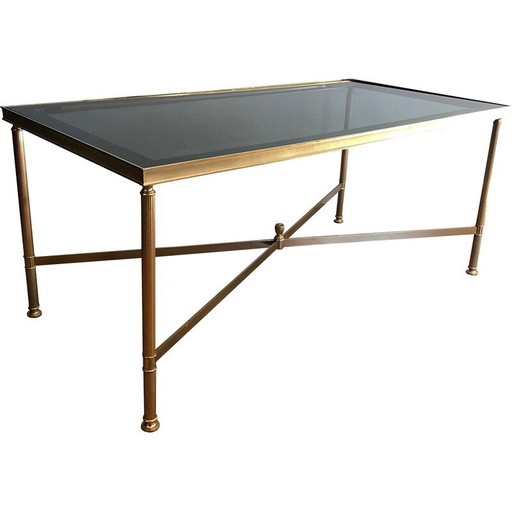 Mesa de centro vintage de metal dorado con tapa de cristal azulado, 1940