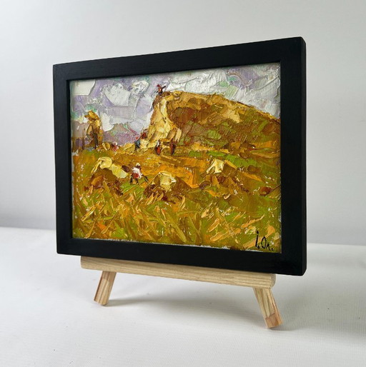 Original Oil Painting Summer Day Landscape Work in the field