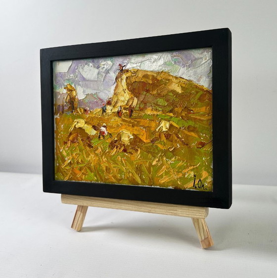 Image 1 of Original Oil Painting Summer Day Landscape Work in the field