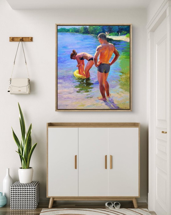 Image 1 of Original Oil Painting Natural Landscape River Happy Summer Childhood