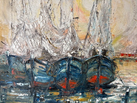 Characteristic Mid-Century modern harbor view. Oil on canvas (impasto) – Paintings & Drawings, Wood (photo 10 of 11)