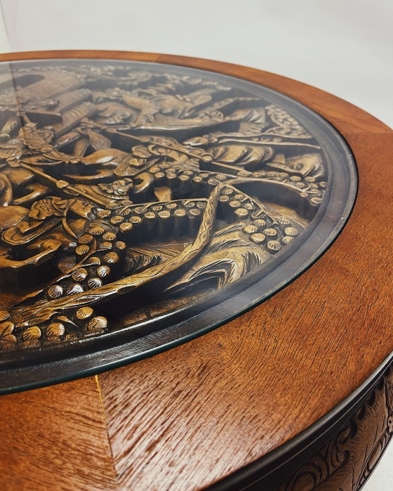 Image 1 of Round Wooden Coffee Table with Asian Carved Top