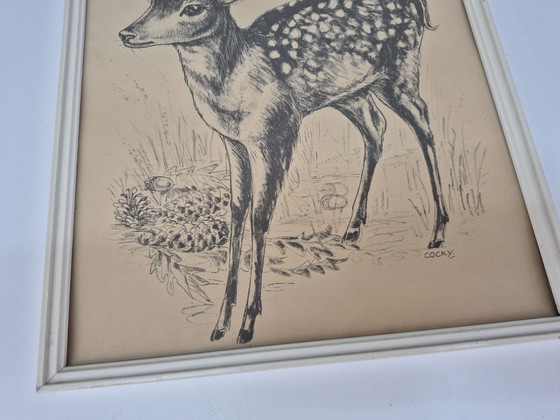 Vintage Cocky print/drawing of a fallow deer/deer with antlers., Paintings & Drawings, Paper, Wood, Black (photo 3 of 6)