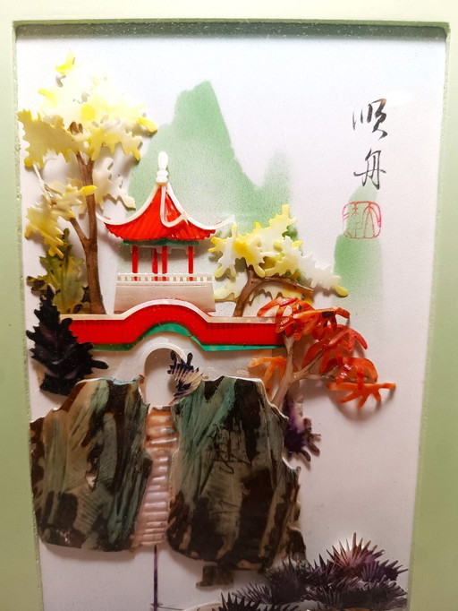 3D shadow box with carved mother of pearl