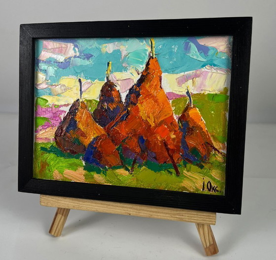 Image 1 of Original Oil Painting Nature Landscape Haystacks in a Field