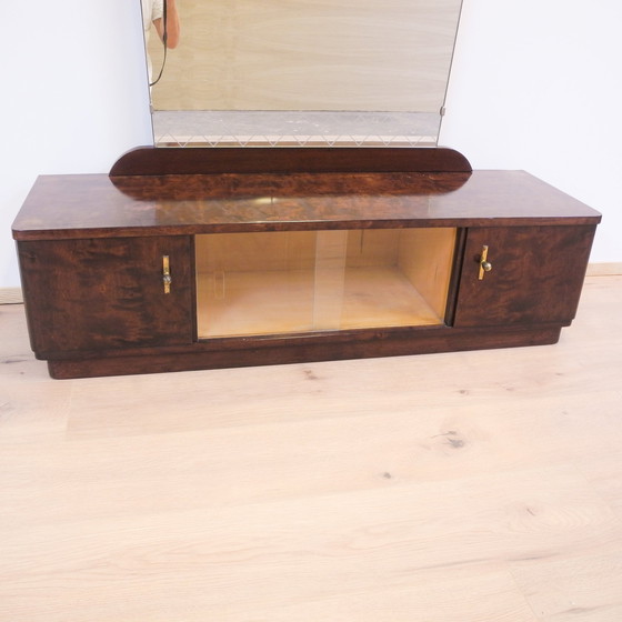 Image 1 of Espejo de cuerpo entero, cómoda con espejo y puerta corrediza de cristal en abedul flameado, años 50, restaurada.