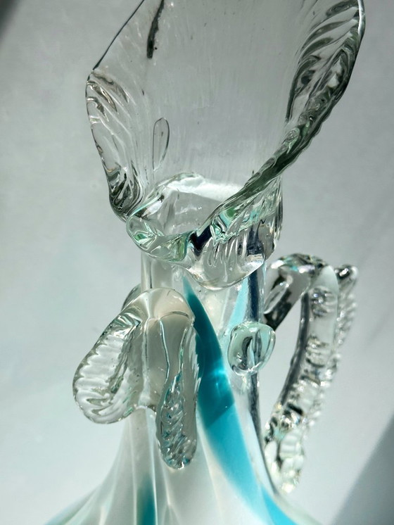 Image 1 of Vintage Murano Vase Fleurs Fait à la main Coq Poule Bleu 70s Mid Century Italie Soufflé à la bouche