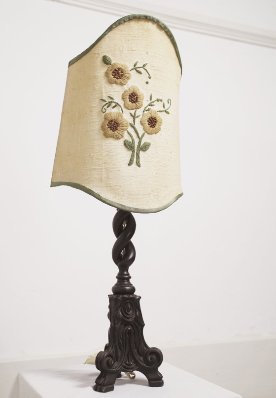 Image 1 of Vintage Carved Wood Barley Twist Lamp with Hand Embroidered Floral Shade and Acanthus Leaf Tripod Feet