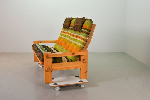 Yngve Ekstrom Mid-Century Scandinavian Design 2-Seat ‘Dymling’ Sofa in Pinewood and Rainbow Fabric for Swedese. Sweden, 1970s.
