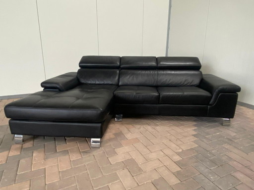 Black Genuine Leather Corner Sofa with Chaise Lounge