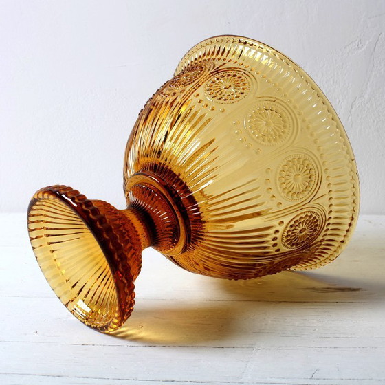 Image 1 of Ciotola con piedistallo color ambra, stile metà secolo / Moderno Vintage / Godinger / USA / Anni '90