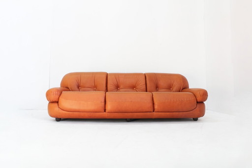 Vintage cognacfarbenes Ledersofa Sapporo Mobil Girgi 1970er Jahre