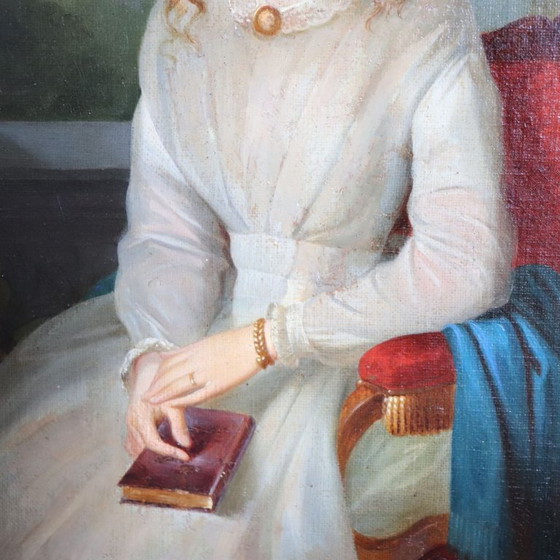 Image 1 of Portrait of a Young Woman with a Book, Oil Painting on Canvas, Italy 19th Century