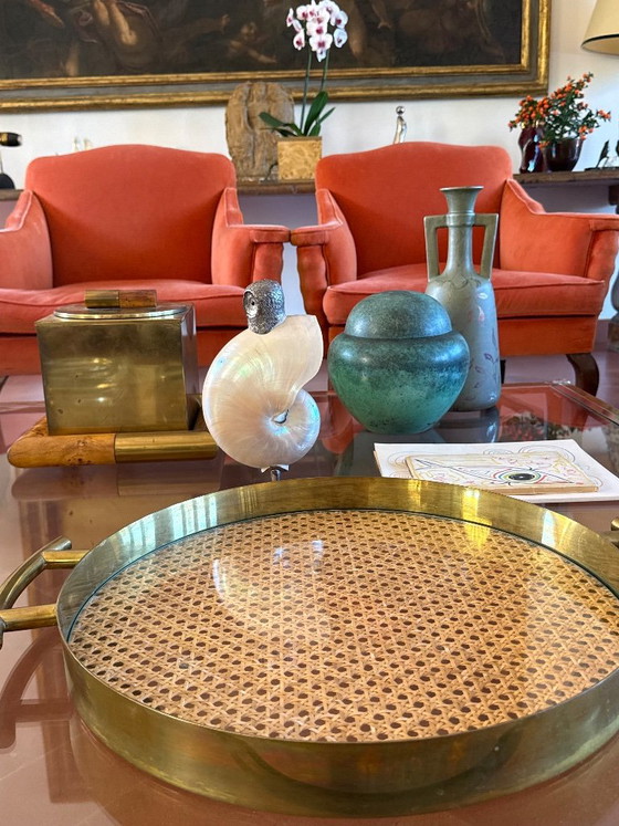 Hollywood regency luxury Vienna straw glass tray, Italy 1970, Table accessories, Brass, Rattan, Gold, Vintage (photo 4 of 7)