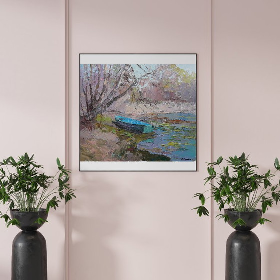 Original Oil Painting Nature Landscape Forest River Blue Boat – Paintings & Drawings, Canvas (photo 2 of 8)
