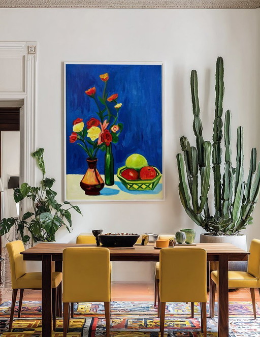 Acrylic painting by the artist E. García "Bodegón con fondo azul" 100x70 cm