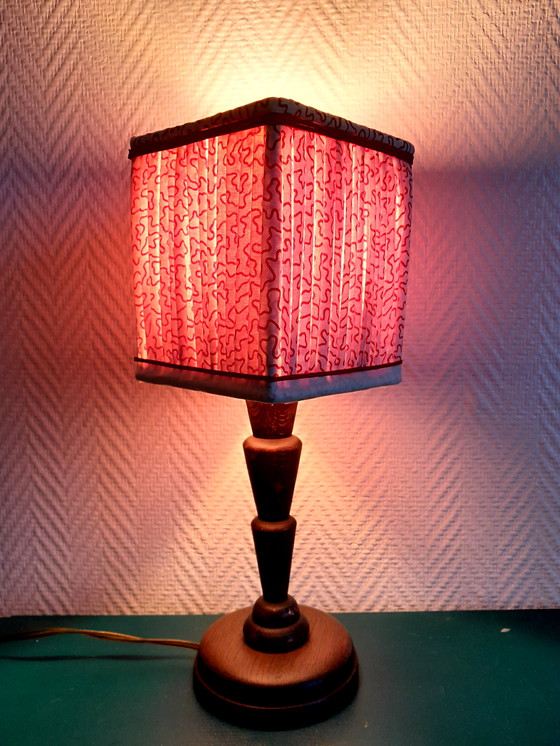 Image 1 of Art Deco Wooden Lamp With Sewing Lampshade