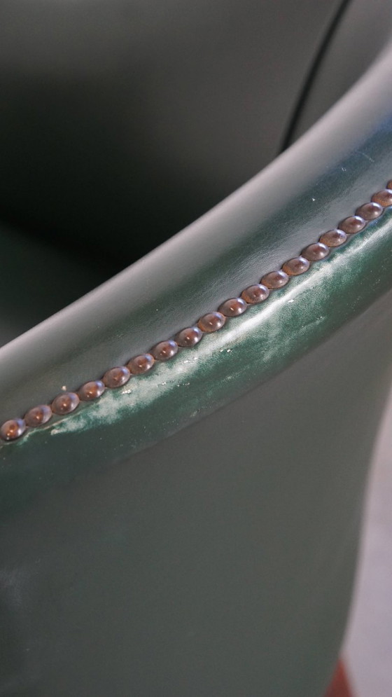 Image 1 of 2 x Beistell-/Ess-/Bürostuhl aus grünem Rindsleder und Holz im englischen Stil