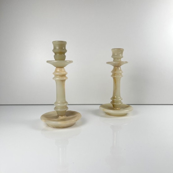 Image 1 of Pair of alabaster candlesticks, 20th century