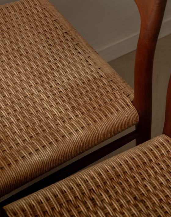 Image 1 of Vintage Danish Dining Chairs Model 75 by Niels Otto Møller for J.L. Møllers Møbelfabrik, Teak Paper Cord Chairs, 1950s, Set of 4