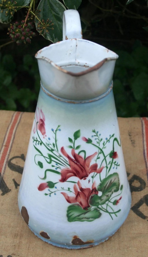 Antique French Hand-Painted Enamel Water Pitcher, Floral Cyclamen Jug, Blue Rim Farmhouse Vase, Rustic Country Decor
