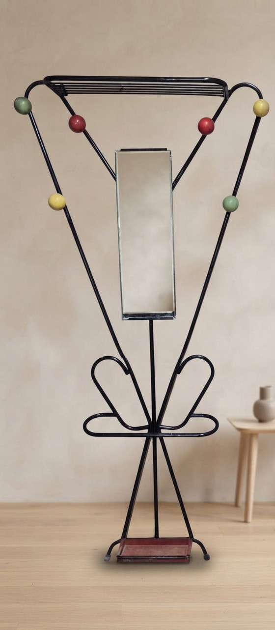 Vintage Coat Rack Attributed to Roger Feraud, Black Metal with Coloured Spheres, 1970s, 22 x 82 x 180 cm (photo 3 of 7)