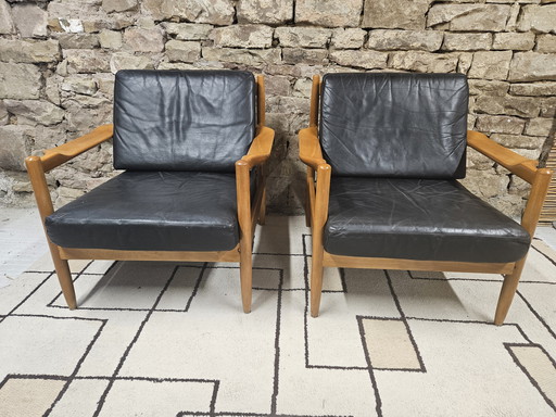 Pair of Scandinavian black leather armchairs 1970