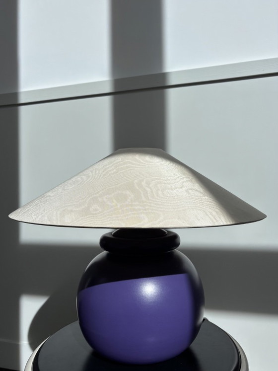 Postmodern Kostka France Table Lamp (Purple, 1980s) with Vintage Moiré Shade – Ceramic (photo 4 of 14)