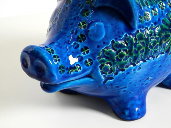 Image 1 of Beautiful 1960s large Rimini Blu ceramic pig money box by Aldo Londi for Bitossi Italy